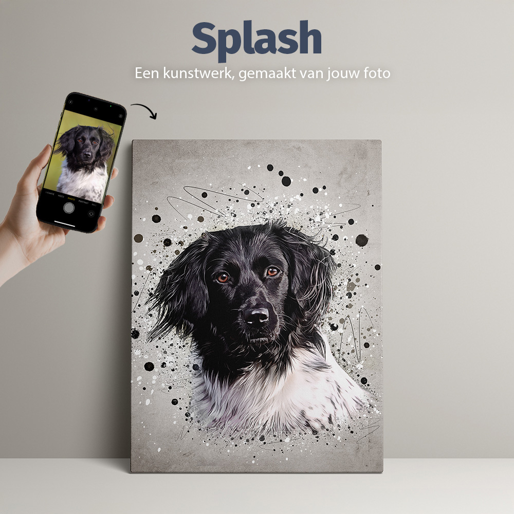 Herinnering aan je huisdier (hond, kat, paard). Een getekend dierenportret in Splash stijl van Pets and Pictures. Afgedrukt op canvas.