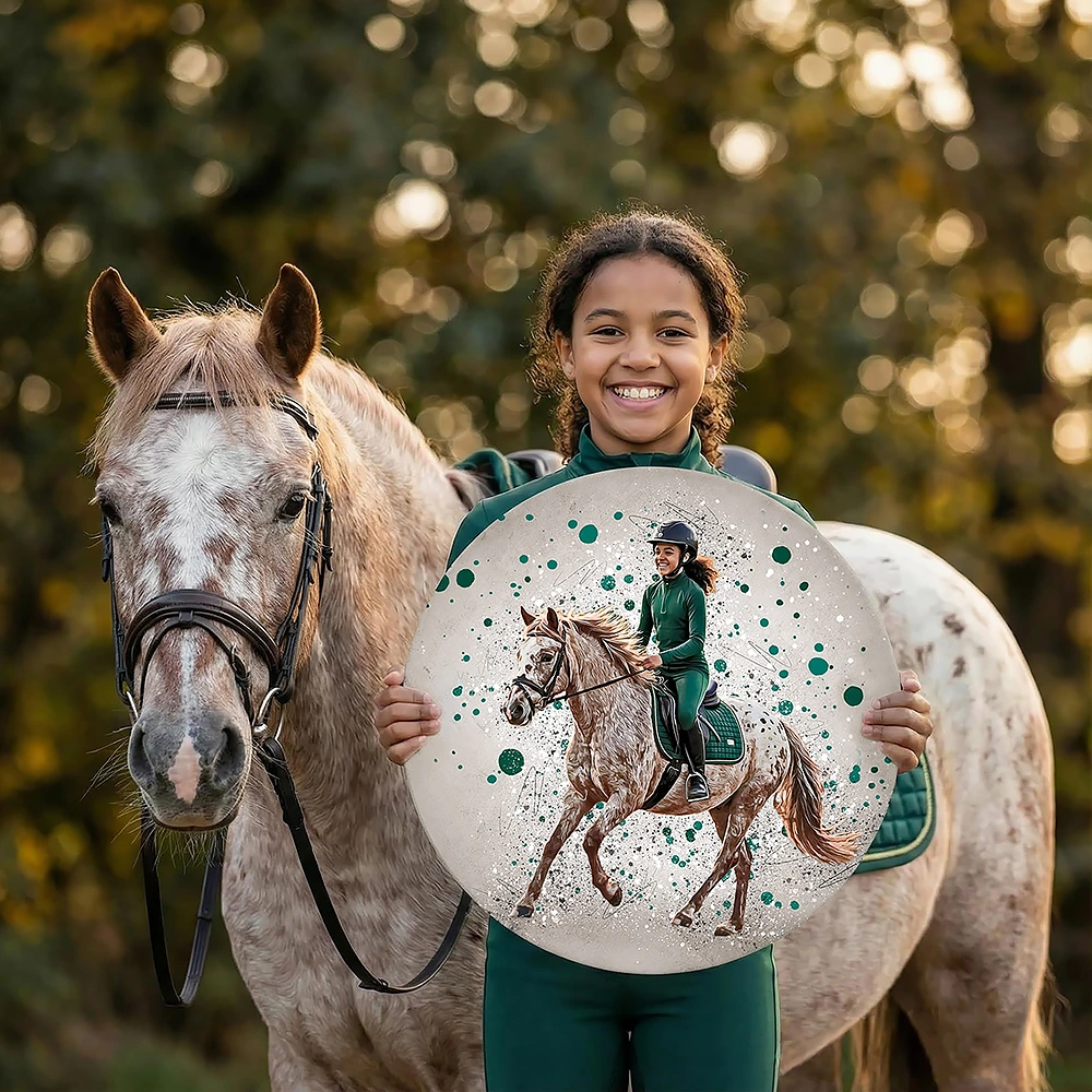 Meisje met haar pony laat trots een bijzondere muurcirkel zien. Een schilderij van haar paard.