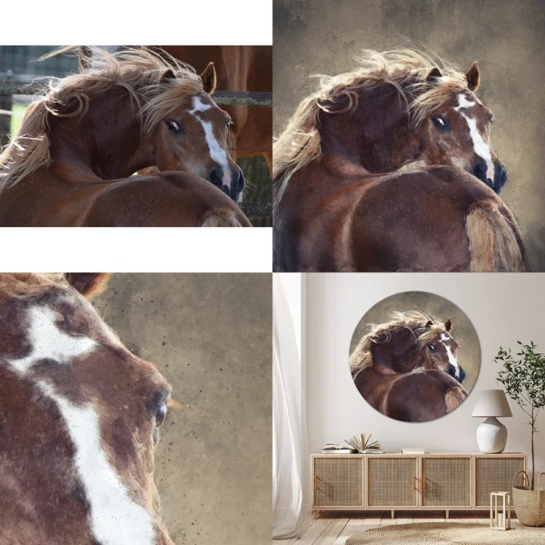 Watercolor portret van je huisdier - Pets & Pictures. Pony voor en na, close-up en het kunstwerk in de woonkamer.