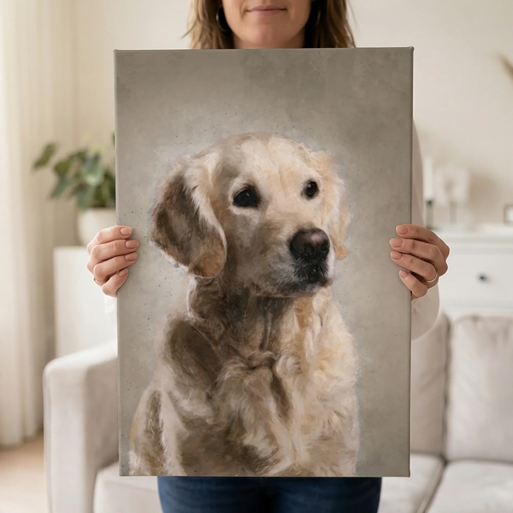 Watercolor dierenportret - handgetekende herinnering aan je huisdier. Op canvas, aluminium dibond of muurcirkel.