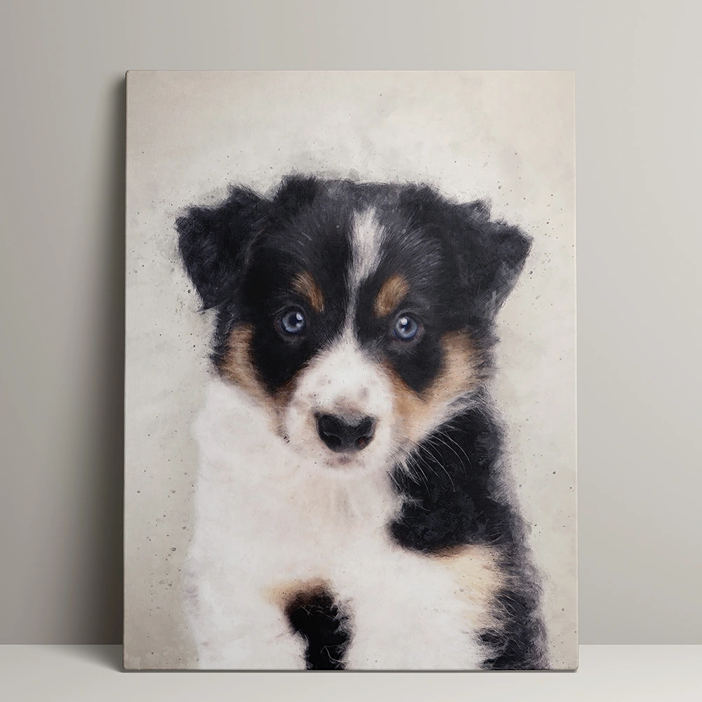 Gepersonaliseerd watercolor portret van een puppy op canvas, handgemaakt door Pets & Pictures