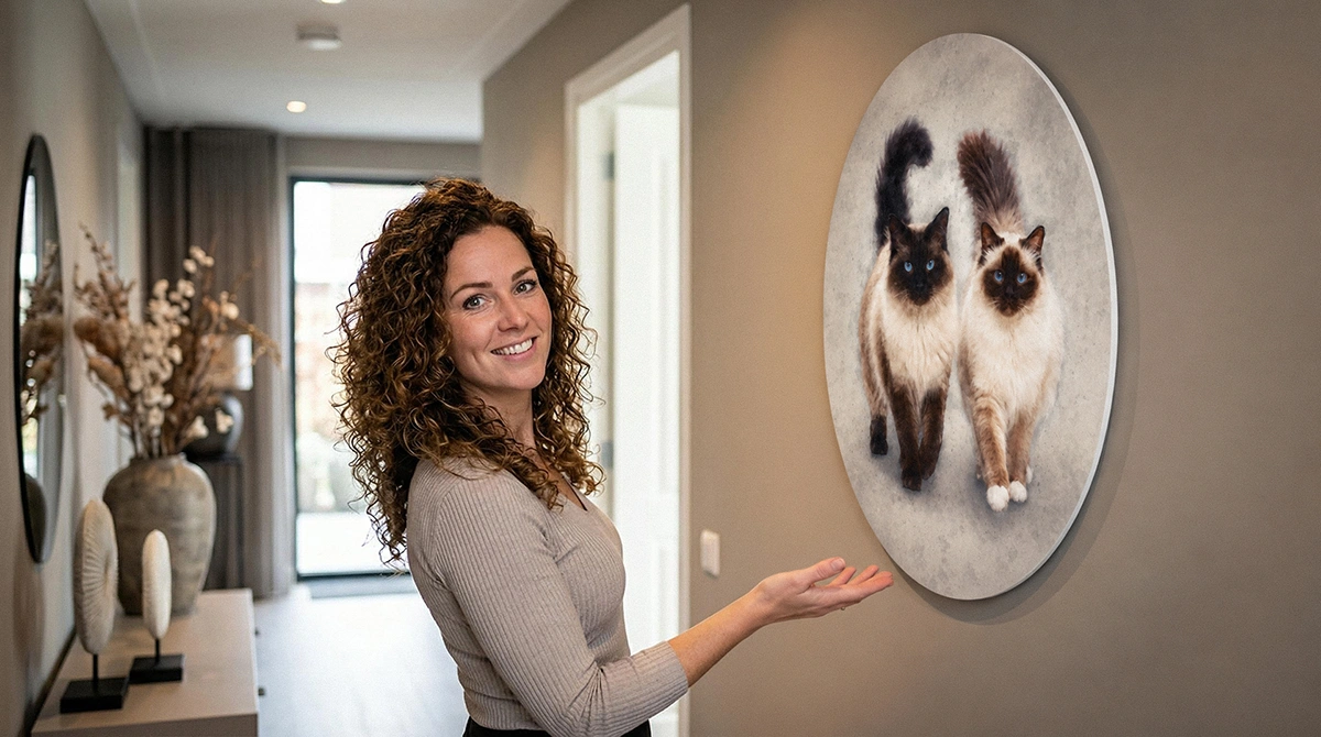 Twee katten samen op 1 kunstwerk. Op een muurcirkel aan de muur.