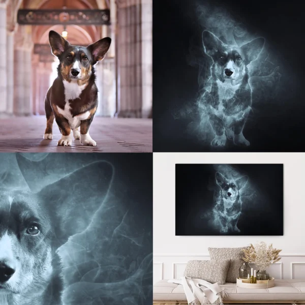 Mystic huisdier portret - Before-after - foto - details. Originele foto is een Corgi bij het Rijksmuseum