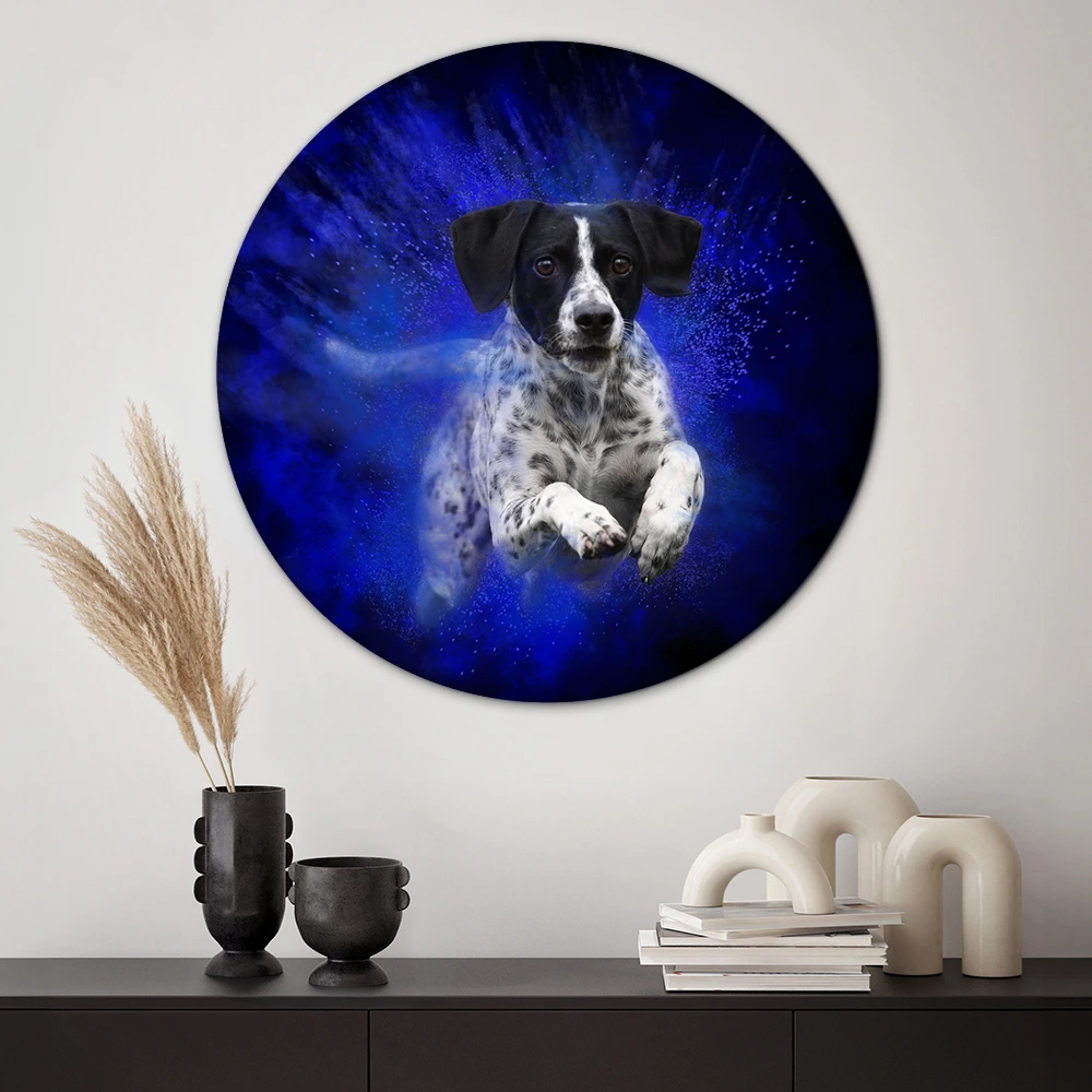 Powder dierenportret van springende hond met blauw holipoeder. Veilig en snel geleverd. Een eyecatcher voor je woning.
