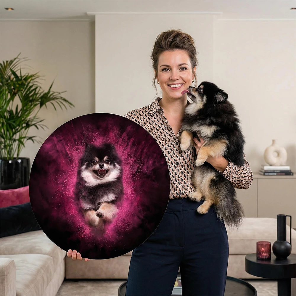 Powder dierenkunstwerk - eyecatcher in je interieur. Een holipoeder portret van je huisdier, met een kleur naar keuze. Op een wandcirkel van Forex.