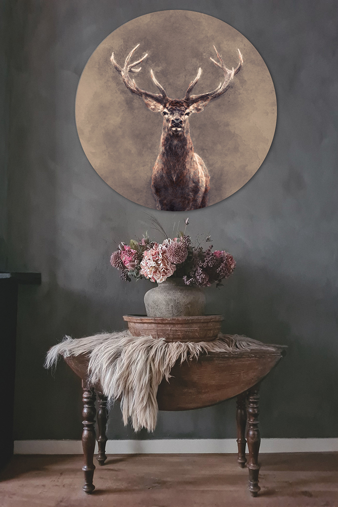Schilderij van een hert in een stoer en sober interieur. Op maat gemaakt ook van je eigen foto en je eigen huisdier.