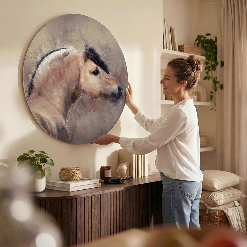 Handgetekend paardenportret op een muurcirkel.