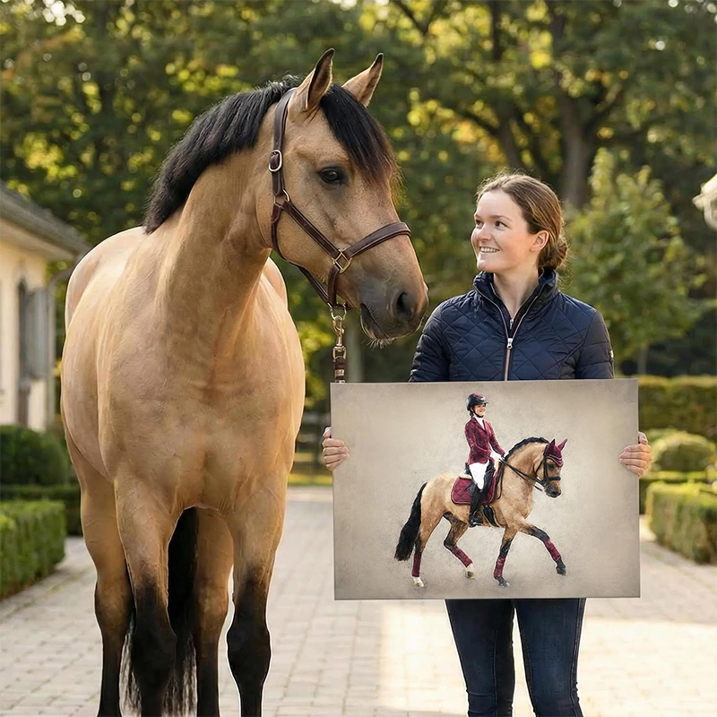 Schilderij of tekening laten maken van je paard, hond of ander huisdier. Amazone met haar valk dressuurhengst.