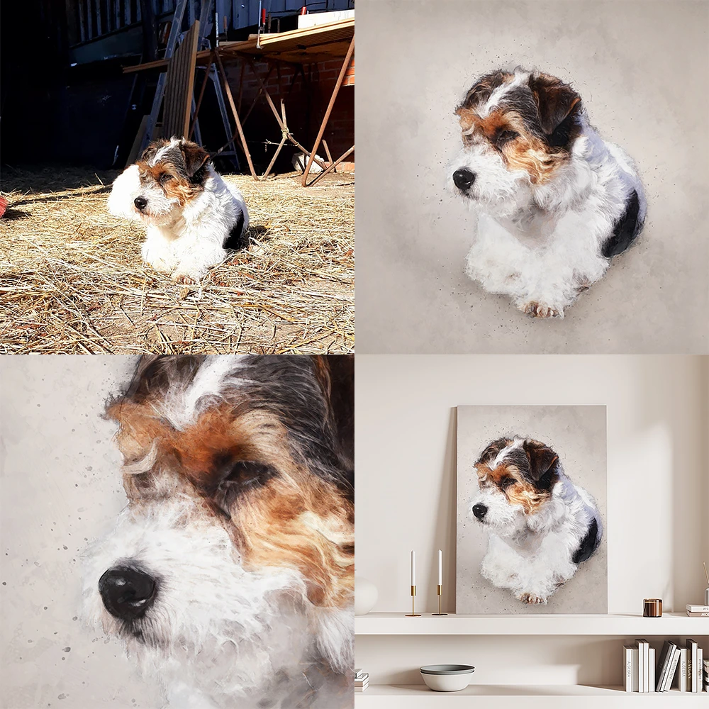 Voor en na (en close-up) van een Watercolor portret van een hondje.