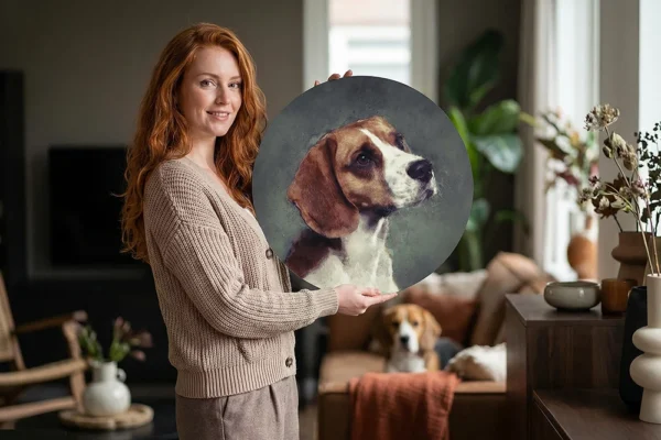 Watercolor dierenportret laten maken van je hond, kat of paard. Zoals deze Beagle op een muurcirkel met groene achtergrond.