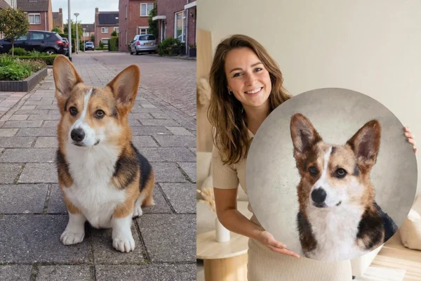 Tips voor de perfecte foto voor jouw dierenportret. Foto van corgi honden puppy met daarnaast een vrouw die een dierenportret van haar puppy vast heeft.