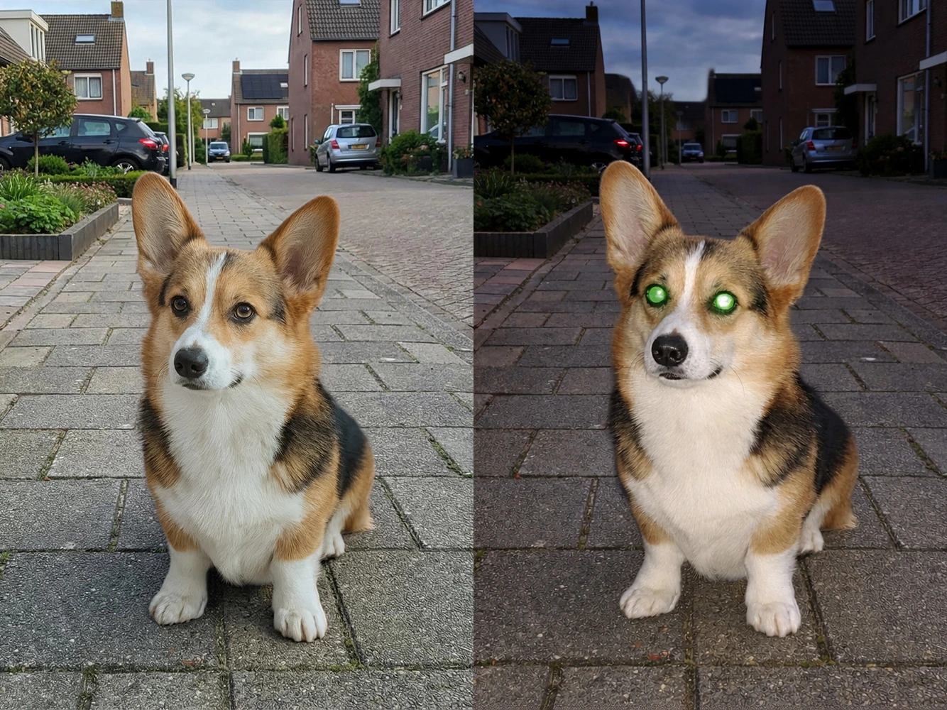 Hondenfoto zonder flits vs met flits. Door de flits zie je een lelijke reflectie in de ogen.