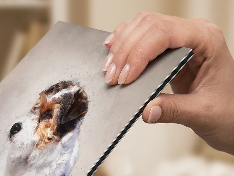 Productfoto close-up aluminium dibond met Aquarel dierenportret