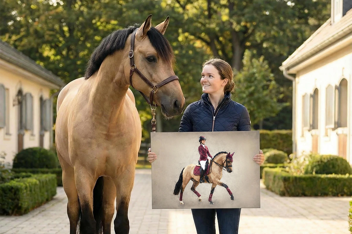 Paardenportret laten maken van foto – amazone met haar paard en handgetekend Watercolor portret