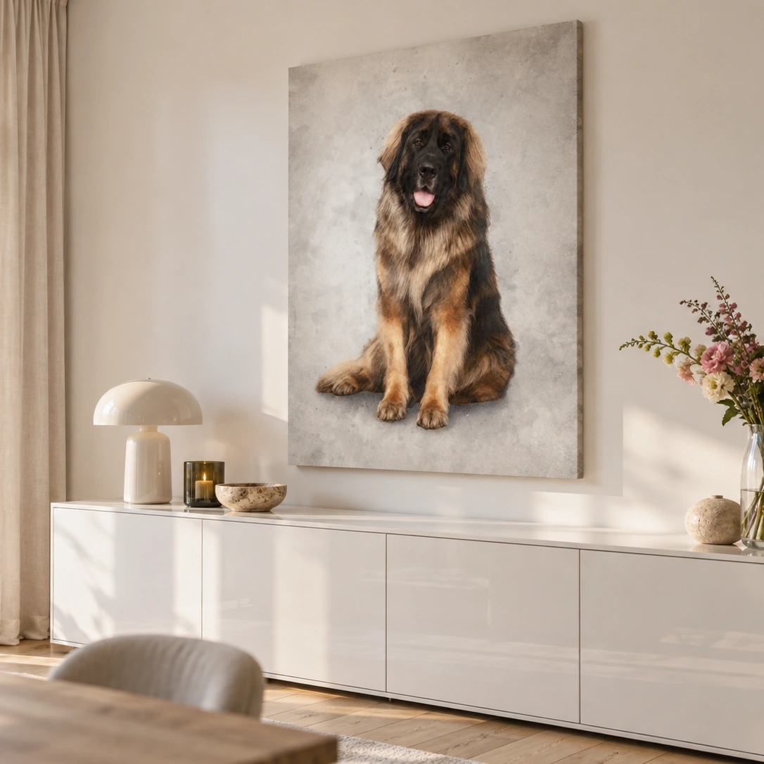 Groot formaat kunstwerk van je huisdier aan de muur in de woonkamer.